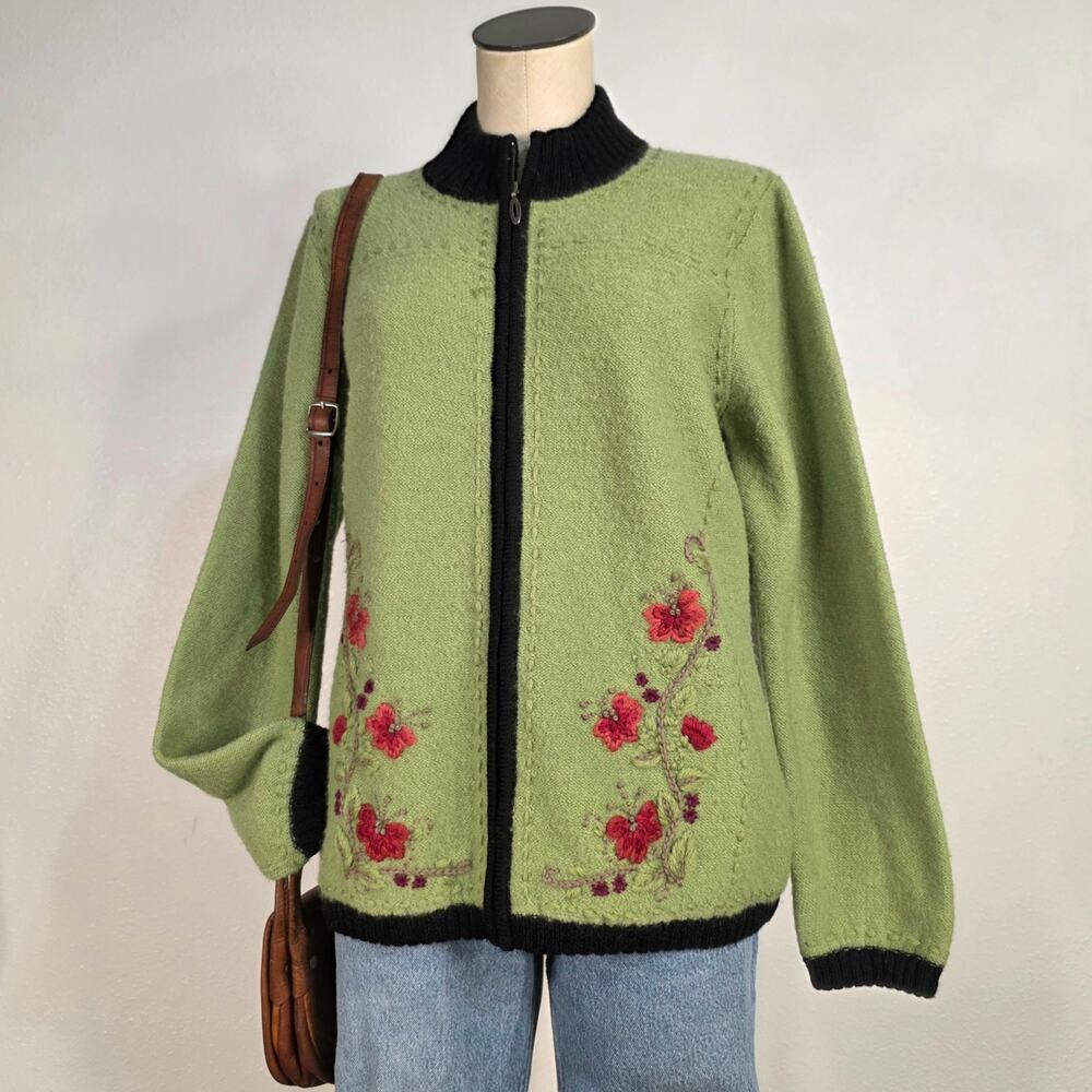 Vintage Wool Cardigan Embroidered Zip Sweater Mock Neck SZ XL Floral Cottagecore